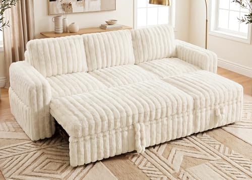 HONBAY Plush Corduroy Modular Sectional Sofa with Pull Out Bed L Shaped Sleeper Sofa with Storage Sectional Couches for Living Room,Plush Beige by HONBAY