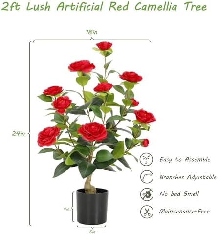 Nafresh 2FT Lush Artificial Red Camellia Tree Outdoor 2 Pack, 24inch Faux Camellia Plant, Fake Camellia Flowers Tree for Indoor Outdoor Living Room Home Patio Front Door Garden Decor - Image 5