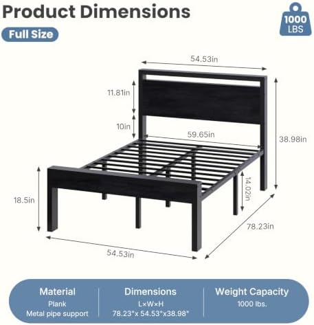 Sweetcrispy 14 Inch Full Size Bed Frame with Wood Headboard, Black - Image 2