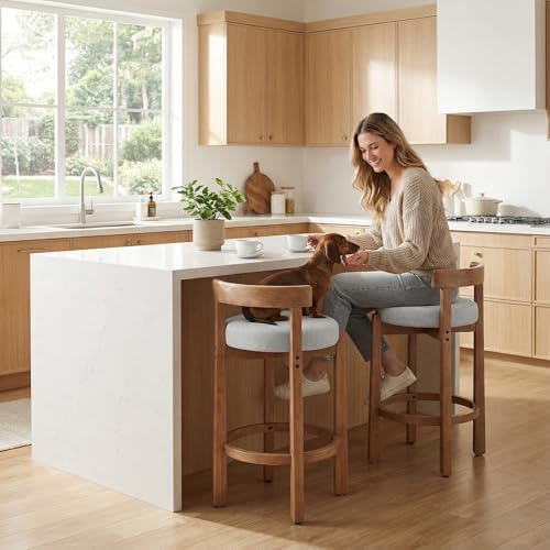 LukeAlon Mid Century Linen Counter Stools Set of 2, Upholstered 26.5" Seat Height Low Barstools with Natural Wood Legs Round Low Back Kitchen Stool with Footrest for Dining Room Pub Island, Light Grey - Image 2