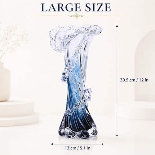 12" H Blue Blown Glass Vase, Modern Art Hand Blown Coastal Vase,Beautiful Unique Ocean Wave Centerpieces for Living Room, Bedroom, Office Desktop,Coffee Table and Wedding Decorative (L) - Image 3