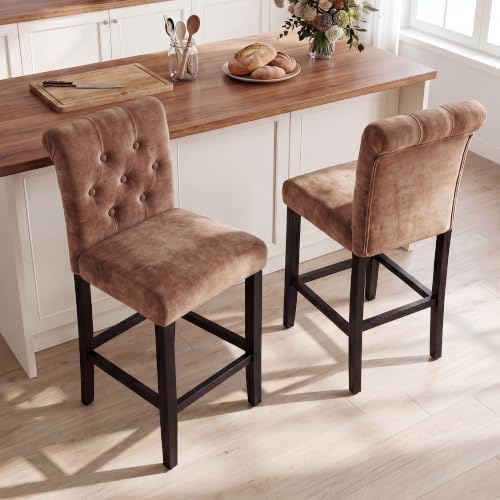 LSSBOUGHT Counter Height Barstools Fabric Upholstered Counter Stool with Rubber Wood Legs Bar Chair for Kitchen Island (Brown, Set of 2) - Image 7