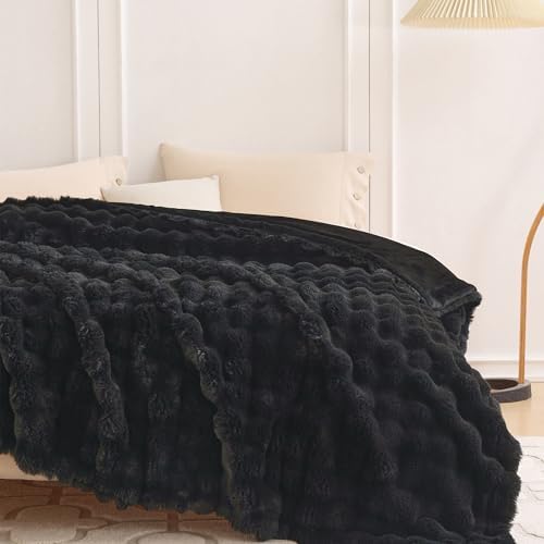 COOVA Soft Bubble Faux Fur Throw Blanket, 50"x60", Black - Image 4