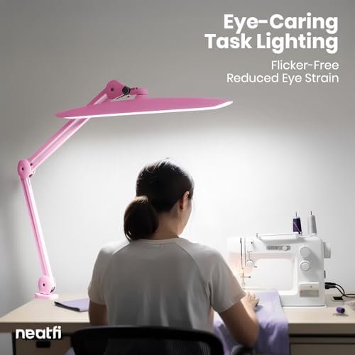 Neatfi XL 2200 Lumens 24W LED Desk Lamp – Shadow-Free Task Lighting | 4-Level Dimming | Home Office & Crafts Use | 20-Inch Wide Head (Pink, Non-CCT with Clamp) - Image 3
