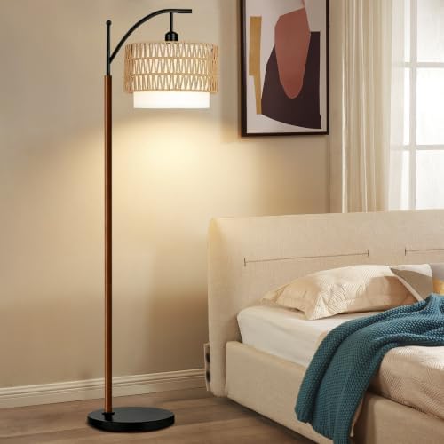 QIYIZM Boho Floor Lamp for Living Room,Bedroom,Rattan Standing Lamp with Remote Dimmable,Wood Vintage Mid Century Modern Black Tall Lamp Wicker Lamp Shade Floor Lights Bohemian Tiffany Style - Image 7