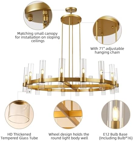 Modern 48" Gold Wagon Wheel Chandelier, Brass Round Chandeliers for Dining Room,16-Light Farmhouse Living Room Chandelier with Glass Tube for Bedroom,Staircase, Foyer, Entryway, Includes Bulbs - Image 5