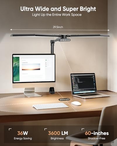 36W LED Desk Lamp with Clamp, Dual-Head Architect Lamp with Remote, Black - Image 2