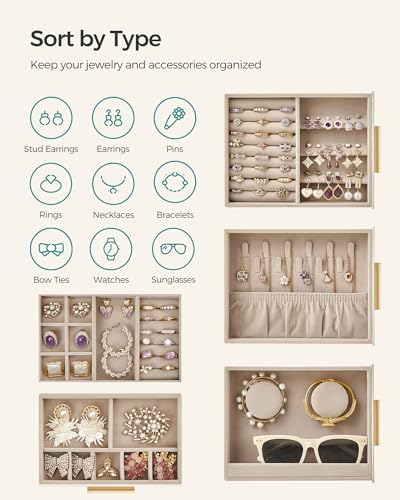 SONGMICS 5-Layer Jewelry Box with Glass Window, 3 Side Drawers - Image 4