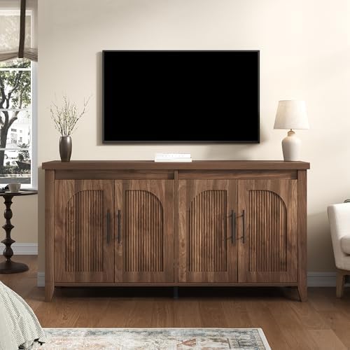 knoworld Modern Buffet Cabinet with Storage, 63" Fluted Sideboard Cabinet with Adjustable Shelves, Wood & Multi-Functional Coffee Bar Console for Kitchen Room, Bedroom, Living Room & Entryway Walnut - Image 5
