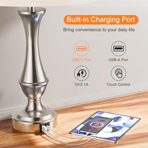 Touch Lamps for Nightstand, 3 Way Dimmable Lamps for Bedroom with USB C+A - Image 4