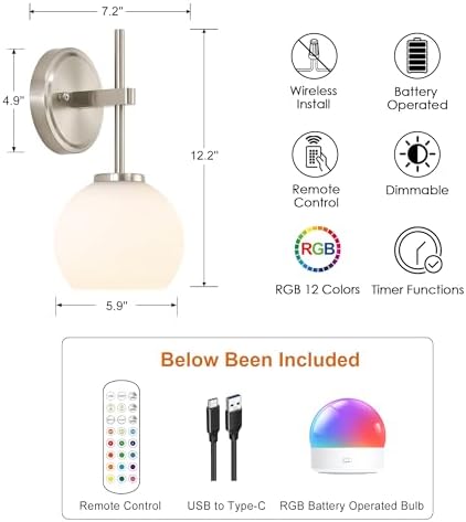 Brushed Nickel Battery Operated Wall Sconce Set of 2, Wireless Rechargeable Sconces Wall Lighting with Remote Control, LED Wall Lights with Opal White Glass Shade, 12 Colors RGB & 3 CCT Bulb - Image 6