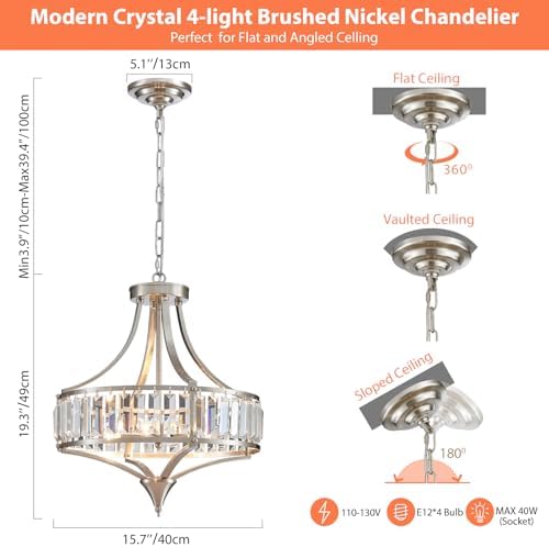 Crystal Chandeliers for Dining Room Rustic Farmhouse Pendant Round 4-Light Brushed Nickel Lighting Fixture for Dining Room Kitchen Island Hallway Bedroom Home Office - Image 3
