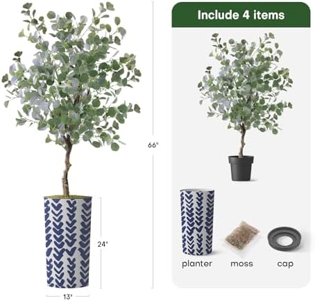 Artificial Tree in Pattern Planter, Fake Eucalyptus Silk Tree for Indoor and Outdoor Home Decoration - 66" Overall Tall (Plant Pot Plus Tree) - Image 3