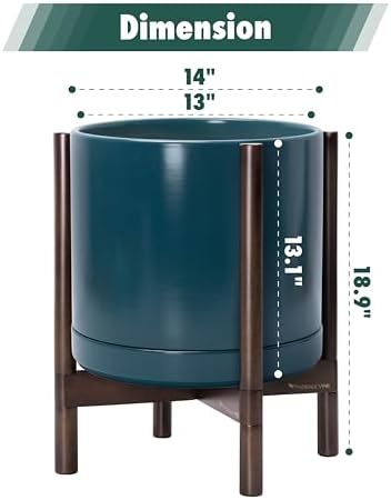 D'vine Dev Ceramic Pot with Walnut Wood Stand, Teal, 14 in, 55-B-T-4 - Image 3