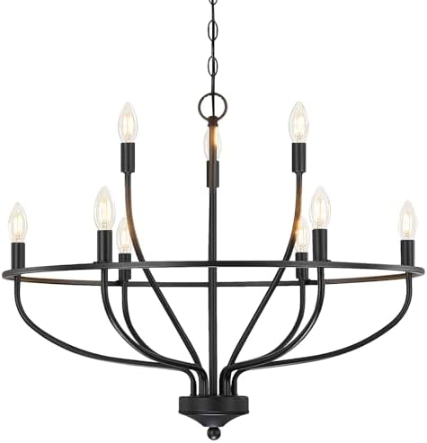 Black Chandelier for Dining Room, Classic 9-Light Farmhouse Pendant Light Fixture Over Table, Black Big Candle Chandelier for Kitchen Island, Bedroom, Living Room, Foyer (E12 Base) by Senroyal