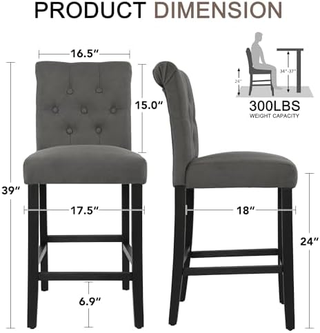 LSSBOUGHT 24 Inches Upholstered Counter Stools, Bar Stools Set of 4, Fabric Counter Stools with Back, Counter Height Bar Chairs with Solid Wood Legs for Home Kitchen Island Dining Room, (4pcs,Grey) - Image 2