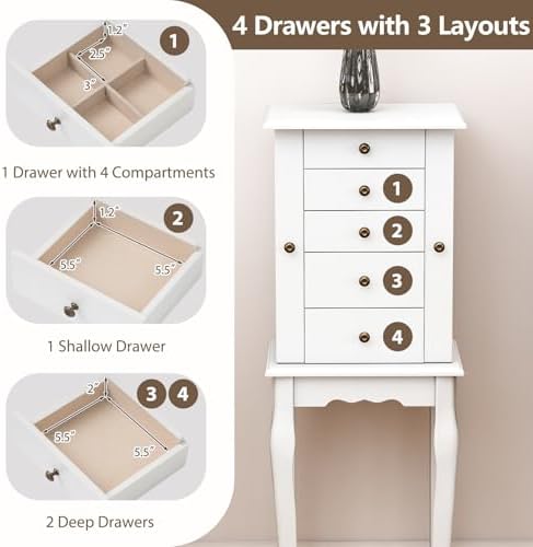 Giantex Standing Jewelry Armoire Cabinet with 4 Drawers, Flip Top Mirror, Top Storage Compartments, 2 Side Doors with 8 Necklace Hooks, Freestanding Jewelry Organizer Box Chest (White) - Image 4