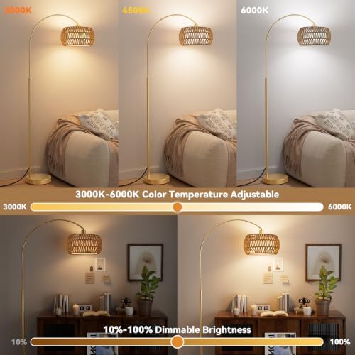 Ambimall Boho Arc Floor Lamp, Color Temp and Brightness Adjustable, Gold - Image 3