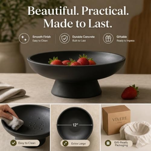 12" Concrete Fruit bowl for Kitchen Counter, Coffee Table Decor, Decorative Key Bowl, Home Décor Accents, Kitchen Counter Decor Black - Image 6