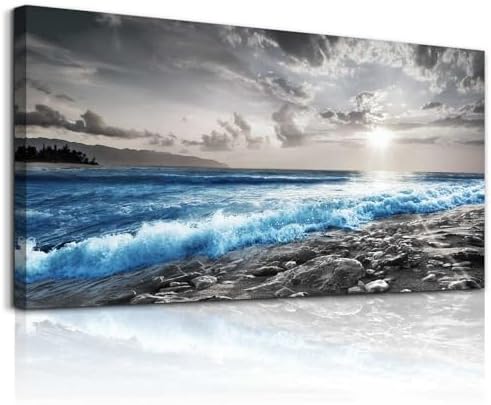 Hyidecorart Framed Canvas Wall Art - Large Size Decor for Office, Living Room, Bedroom - Blue Ocean, Black & White Modern Pictures by hyidecorart