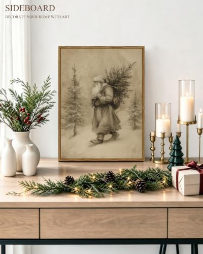 InSimSea Vintage Winter Christmas Decor, Santa with Tree Framed Art - Image 2