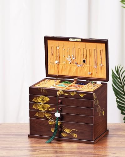 Painted Wooden Jewelry Box for Women, 6-Layer Vintage Organizer with Lock - Image 5
