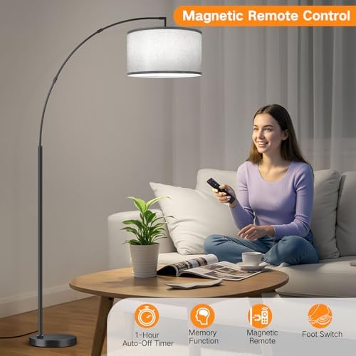 OUTON 81" Arc Floor Lamp, 12W 1080LM LED Dimmable Floor Lamp with 16" Gray Lampshade, Remote Control & Foot Switch, 4 Colour Temperatures, Tall Standing Lamp for Living Room Bedroom Office, Black - Image 5