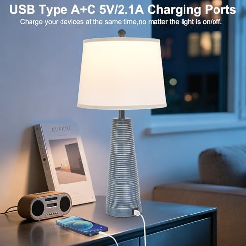 Terpsichore Nightstand Lamp Bedside Lamps Vintage Rustic Farmhouse Table Lamp 3 Way Dimmable Horizontal Stripe Light,for Living Room Bedroom,USB A+C (Navy Blue (Single-Pack), High 27 Inch) - Image 6