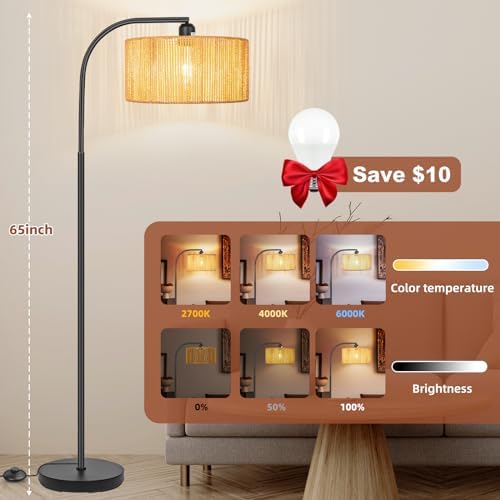 Boho Standing Lamp with Dimmable Bulb Nartual Rattan Adjustable Lampshade - Image 4