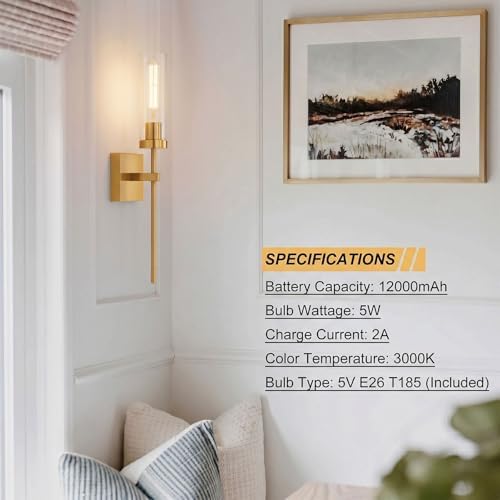 Wireless Wall Sconces with Remote Control, Brushed Gold Battery Operated Wall Sconce Set of 2, Dimmable Rechargeable Wall Decor Lights for Living room Dining room Bathroom Bedroom Hallway Stairwell - Image 7