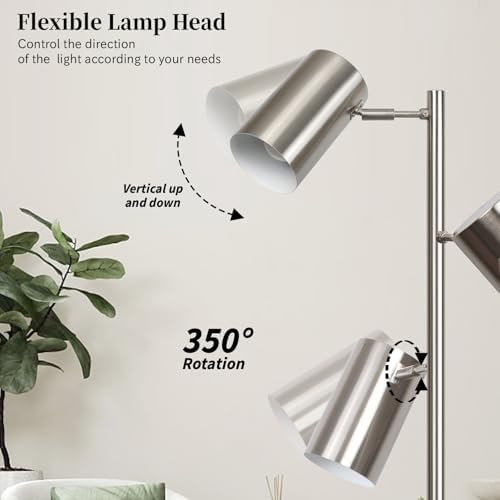 Tree Floor Lamp with 3 Light Bulbs,Nickel Standing Tall Pole Lamp with 3 Adjustable Rotating Lights,Farmhouse Floor Lamp for Living Room Bedroom Office,Vintage Standing Lamp 9W E26 LED Bulbs Included. - Image 3
