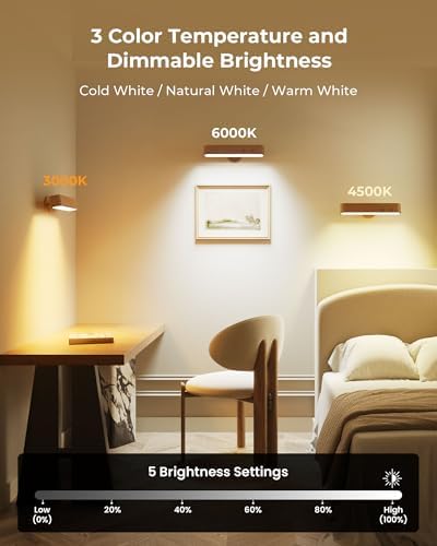 Rechargeable Wall Sconces Set of Two, Walnut Wood Battery Operated Wall Sconce, Magnetic Wall Lights for Bedroom with Remote & Touch Control, 15 RGB, 360° Rotatable Dimmable LED Wall Lamp 3 Color - Image 5