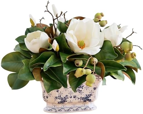 Balsam Hill Spring & Summer Magnolia Artificial Floral Arrangement - Premium White Magnolia Flowers in Ceramic Pot for Indoor or Covered Outdoor Display by BalsamHill