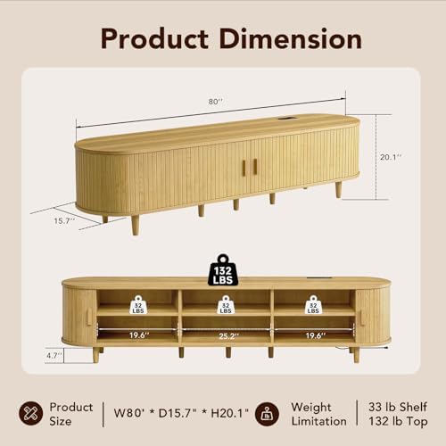 MXV 80" Mid-Century Modern TV Stand with Sliding Doors, TV Consoles with Power Outlet, Fluted Entertainment Center with Adjustable Shelves, for Living Room - Image 3