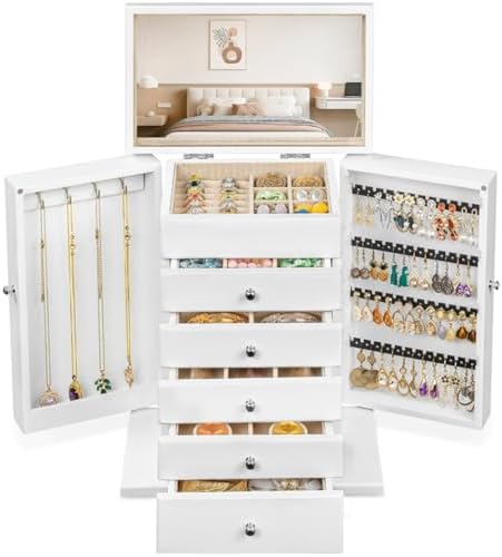 Emfogo Wooden Jewelry Box for Women, 6-Tier Large Jewelry Organizer Boxes with Mirror Rustic Solid Wood jewlery Storage for Rings Earrings Necklaces Bracelets watches(White) by Emfogo