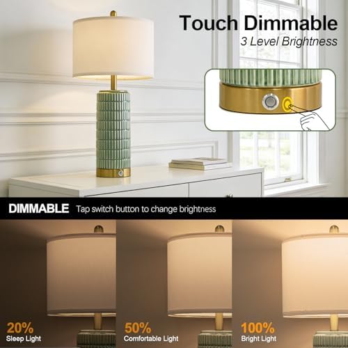 PoKat 25'' Bedside Table Lamps Set of 2 for Living Room with USB A&C Ports, Touch Lamps with 3-Way Dimmable Control for Bedroom, Farmhouse Green Lamps for Nightstand Office Hallway (Bulbs Included) - Image 2