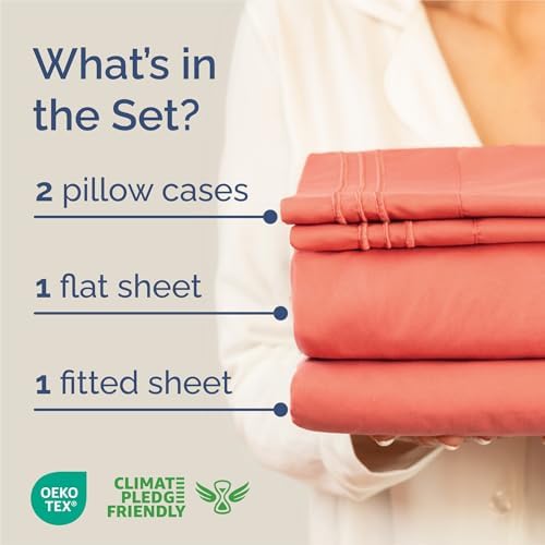 King Size 4 Piece Sheet Set - Comfy Breathable & Cooling Sheets - Coral - Image 2