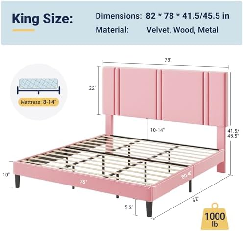 Allewie King Size Platform Bed Frame with Velvet Upholstered Headboard - Image 2