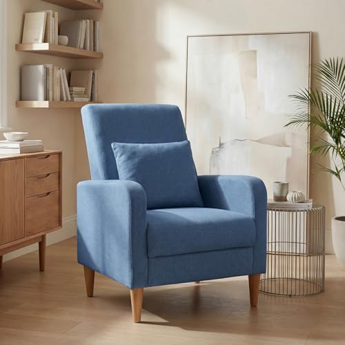COLAMY Mid-Century Modern Accent Chair, Fabric Upholstered Living Room Chair with Back Pillow & Solid Wood Legs, Comfy Armchair for Living Room, Bedroom, Single Sofa, Blue by COLAMYHOME