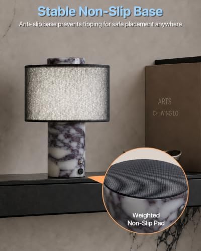 Marble Table Lamp with Battery: Black Linen Shade, Touch Control - Image 5