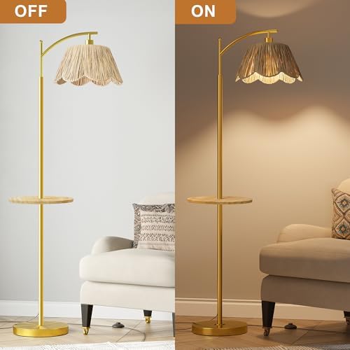 Oneach Floor Lamp with Table for Bedroom, Boho Standing Lamps with Foot Switch, Farmhouse Floor Lamp for Living Room, Arc Rattan Lamps with Gold Metal Base & Pole, Ideal for Home Décor - Image 3