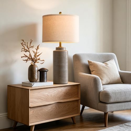 PARTPHONER 27" Vintage Ceramic Table Lamp Set of 2, Rustic Farmhouse Bedside Lamps with Ribbed Textured Finish, Greyish Brown Earth Tone Nightstand Lamps for Living Room Bedroom End Tables Home Decor - Image 6