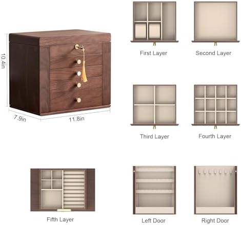 CHOSIN Black Walnut Wooden Jewelry Box for Women with Mirror, 5 Drawers and 2 Side Doors for Watches, Necklaces, Rings, Earrings Storage, Ideal Gift for Her - Image 5