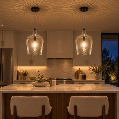 2 Pack 9.3" Glass Pendant Lighting for Kitchen Island,Black Large Pendant Light Fixture with blown Thickened Glass,1 Light Farmhouse Hanging Light for Hallway,Bedroom, Living Room Tall 14 inch - Image 6
