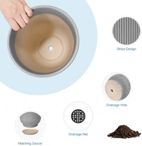 Deep Dream 8 Inch Ceramic Pots for Plants, Heavy Plant Pot for Indoor Outdoor Plants, Large Plant Pot with Drainage Hole and Saucer, Modern Tall Flower Pot, Gifts for Plant Lovers, Grey - Image 6