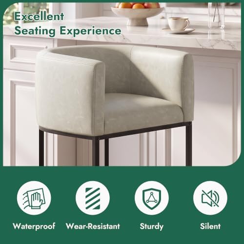 Counter Height Bar Stools Set of 2, Modern Counter Stools for Dining Room, 24 Inch Barstools for Kitchen Island, Faux Leather Bar Stool with Metal Legs and Back Footrest, Greige(White) - Image 5