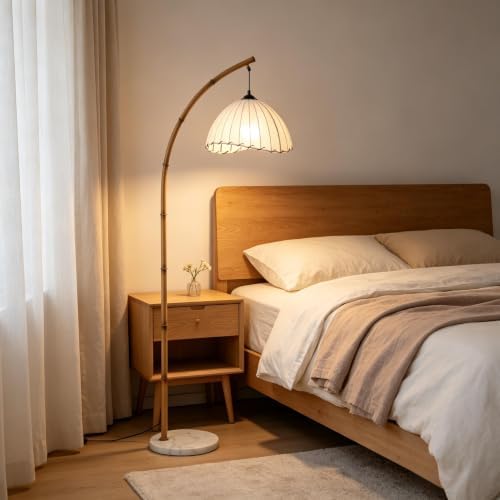 Retro Floor Lamp Unique Bamboo Color Floor lamp Bohemian Hanging Arc Floor Lamp with Antique Rattan Style Vertical Standing tall Lamp for Bed Room Farmhouse Study Living Room Indoor decoration - Image 2