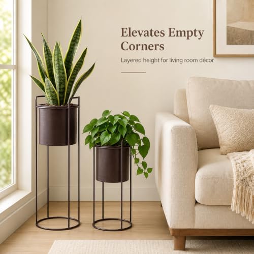 TRIROCKS Set of 2 Tall Metal Planters with Stands Metal Planter for Indoor Plants 28 &18" H Plant Pots for Living Room Corner Kitchen Office Garden Balcony Patio Decor(Brown) - Image 6