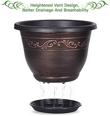 Plastic-Plant-Flower-Planters-14 Inch With Drainage Hole & Saucer, 3 Packs Lightweight Large Resin Flower Pot Indoor Outdoor, Retro Antique Imitation Decorative Garden Containers Sets For Houseplants - Image 4