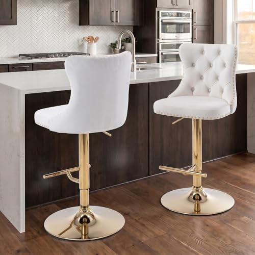 SoarFlash Velvet Bar Stool Set of 2, Adjustable Swivel Bar Stools with Gold Plated Metal Leg, Button Tufted, Footrest, Chrome Nailhead, Counter Height Chair for Kitchen, Bar, Dining Room (Beige) - Image 3